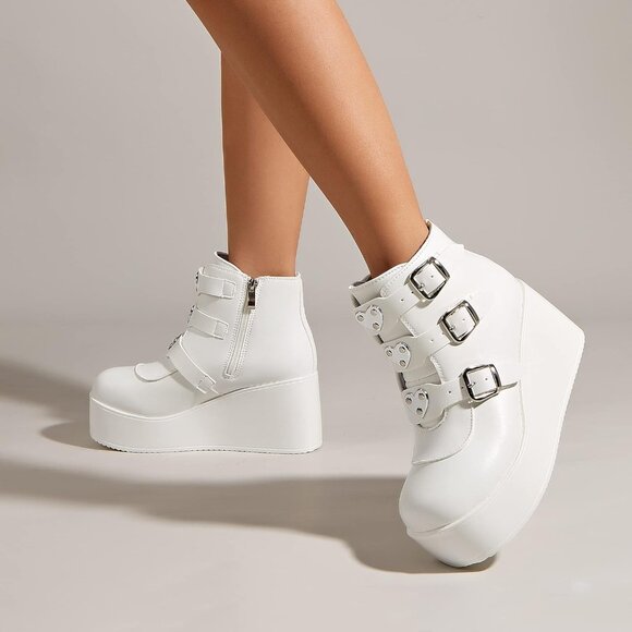 Lucky Step Women White Round Toe Zipper Wedges High Heel Rave Buckle Booties - Picture 5 of 7
